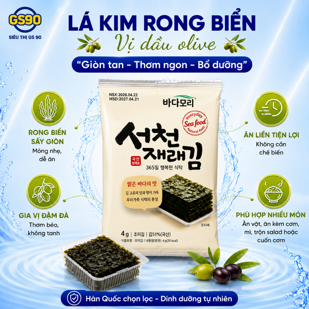 Rong Biển Lá Kim Ăn Liền Tẩm Olive Hàn Quốc, Vị Ngon Dễ Ăn Dùng Chay Mặn Dinh Dưỡng