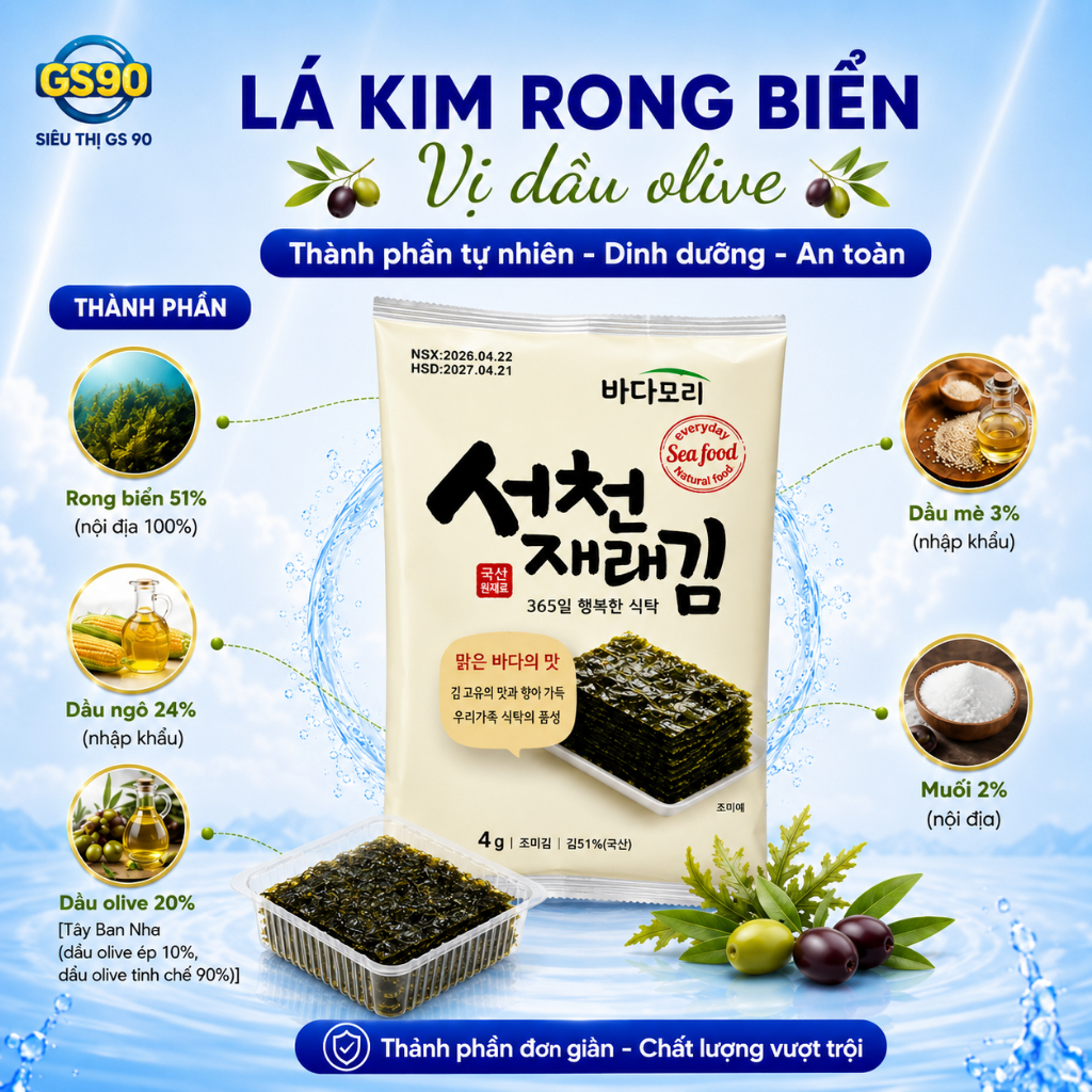 Rong Biển Lá Kim Ăn Liền Tẩm Olive Hàn Quốc, Vị Ngon Dễ Ăn Dùng Chay Mặn Dinh Dưỡng