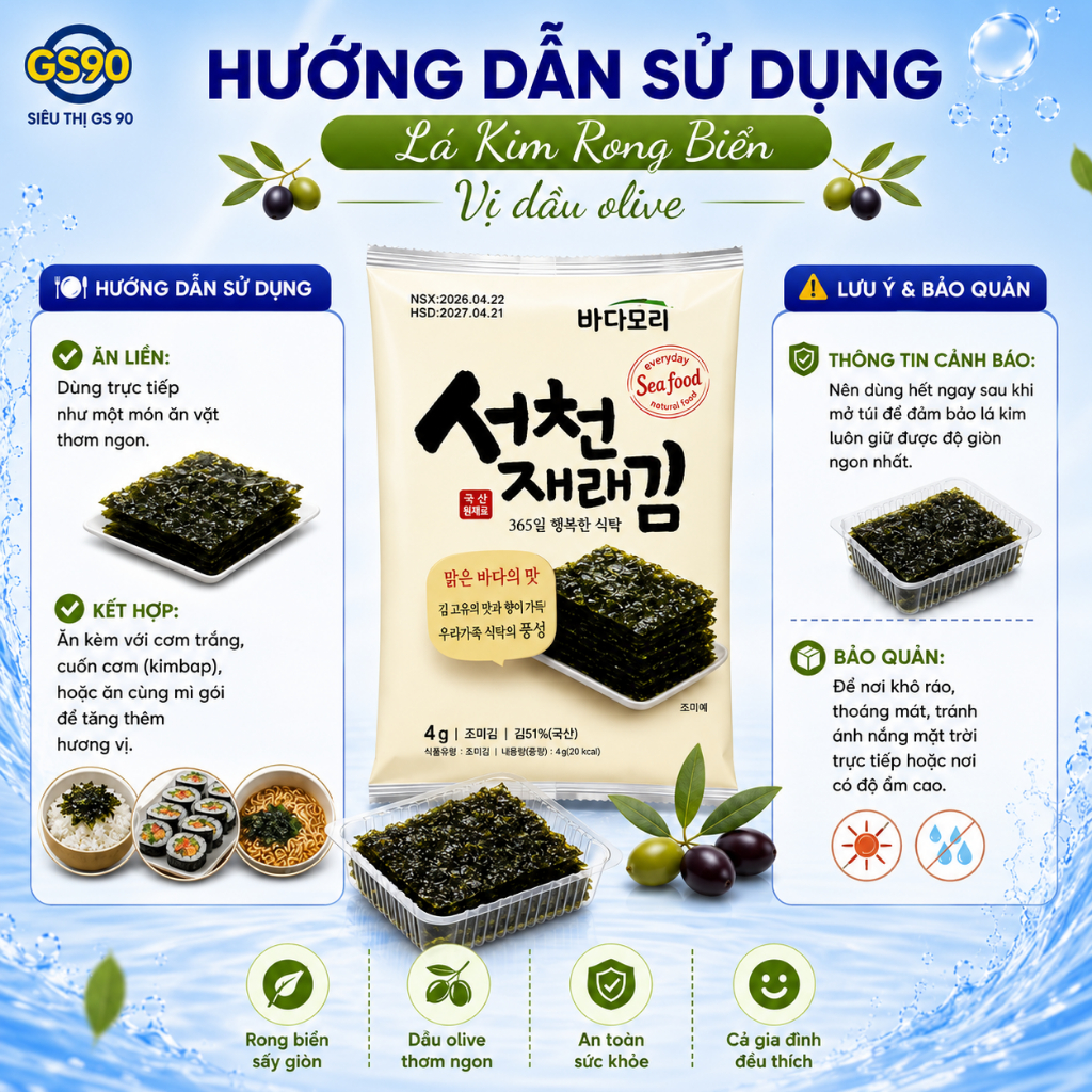 Rong Biển Lá Kim Ăn Liền Tẩm Olive Hàn Quốc, Vị Ngon Dễ Ăn Dùng Chay Mặn Dinh Dưỡng