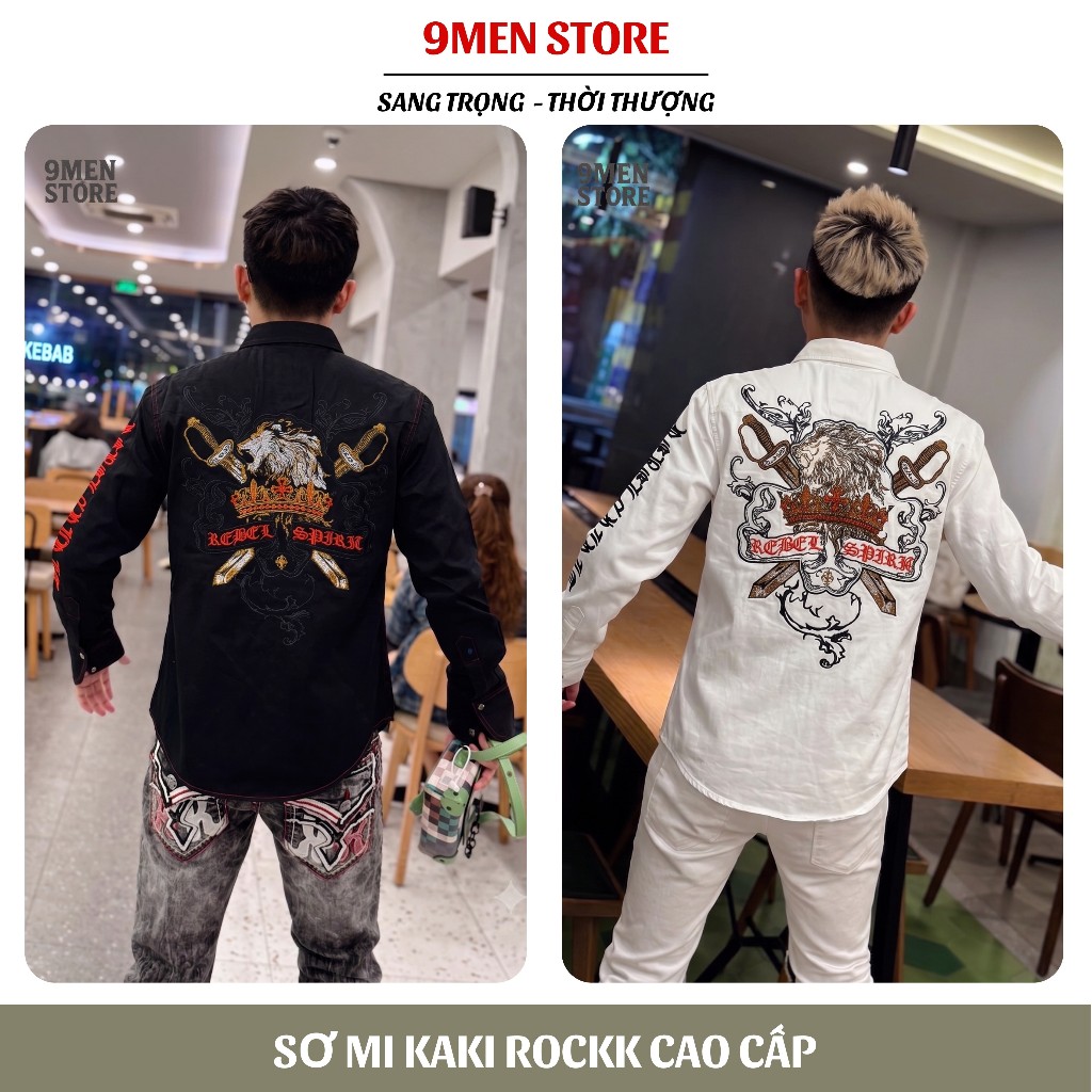 Sơ Mi Thêu Rock Classic Nam Cao Cấp Họa Tiết Sư Tử Chỉ Đỏ - Vải Kaki, Cúc Kim Loại Đẳng Cấp 057