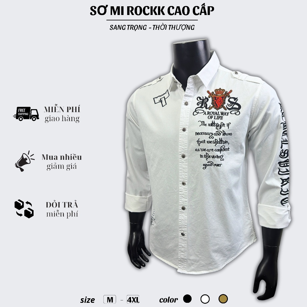 Sơ Mi Thêu Rock Classic Nam Cao Cấp Họa Tiết Sư Tử Chỉ Đỏ - Vải Kaki, Cúc Kim Loại Đẳng Cấp 057