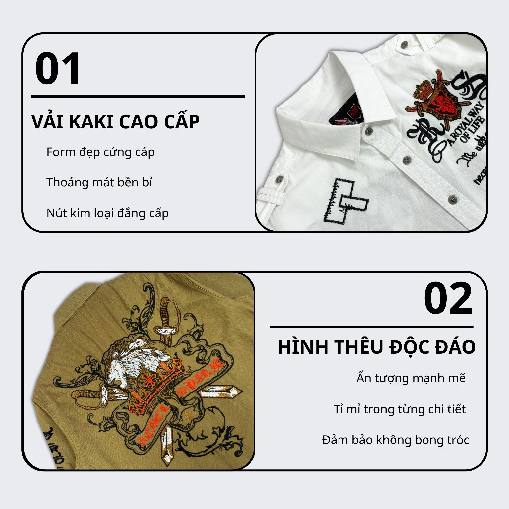 Sơ Mi Thêu Rock Classic Nam Cao Cấp Họa Tiết Sư Tử Chỉ Đỏ - Vải Kaki, Cúc Kim Loại Đẳng Cấp 057