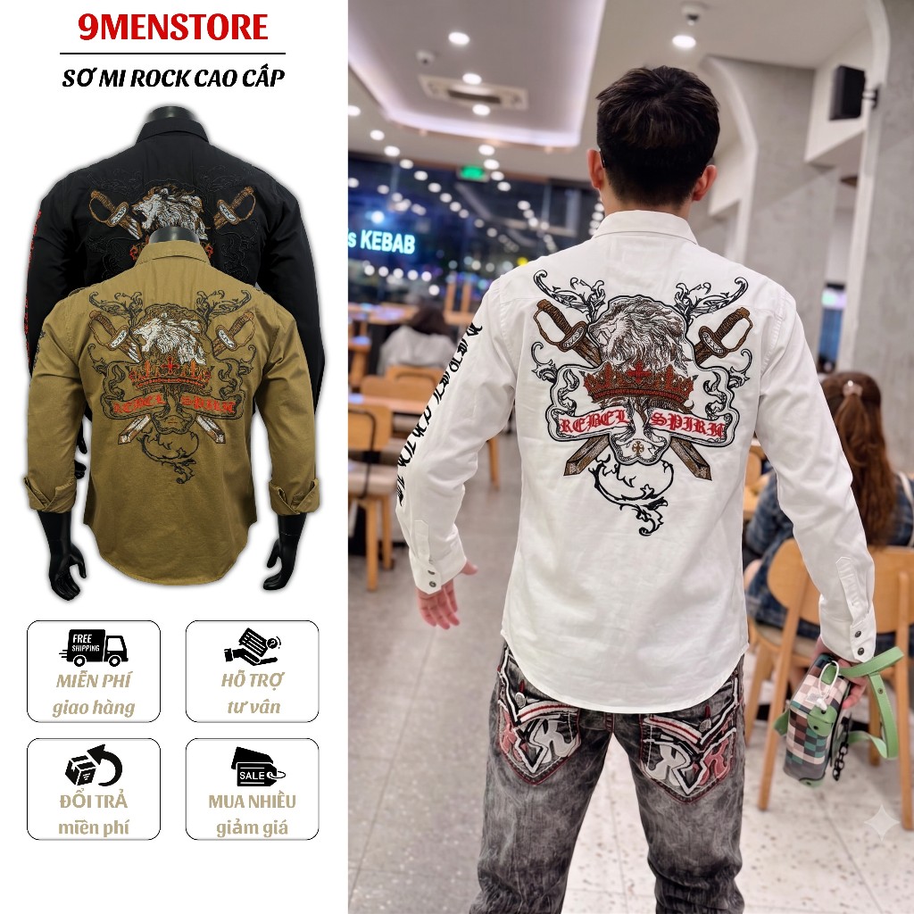Sơ Mi Thêu Rock Classic Nam Cao Cấp Họa Tiết Sư Tử Chỉ Đỏ - Vải Kaki, Cúc Kim Loại Đẳng Cấp 057