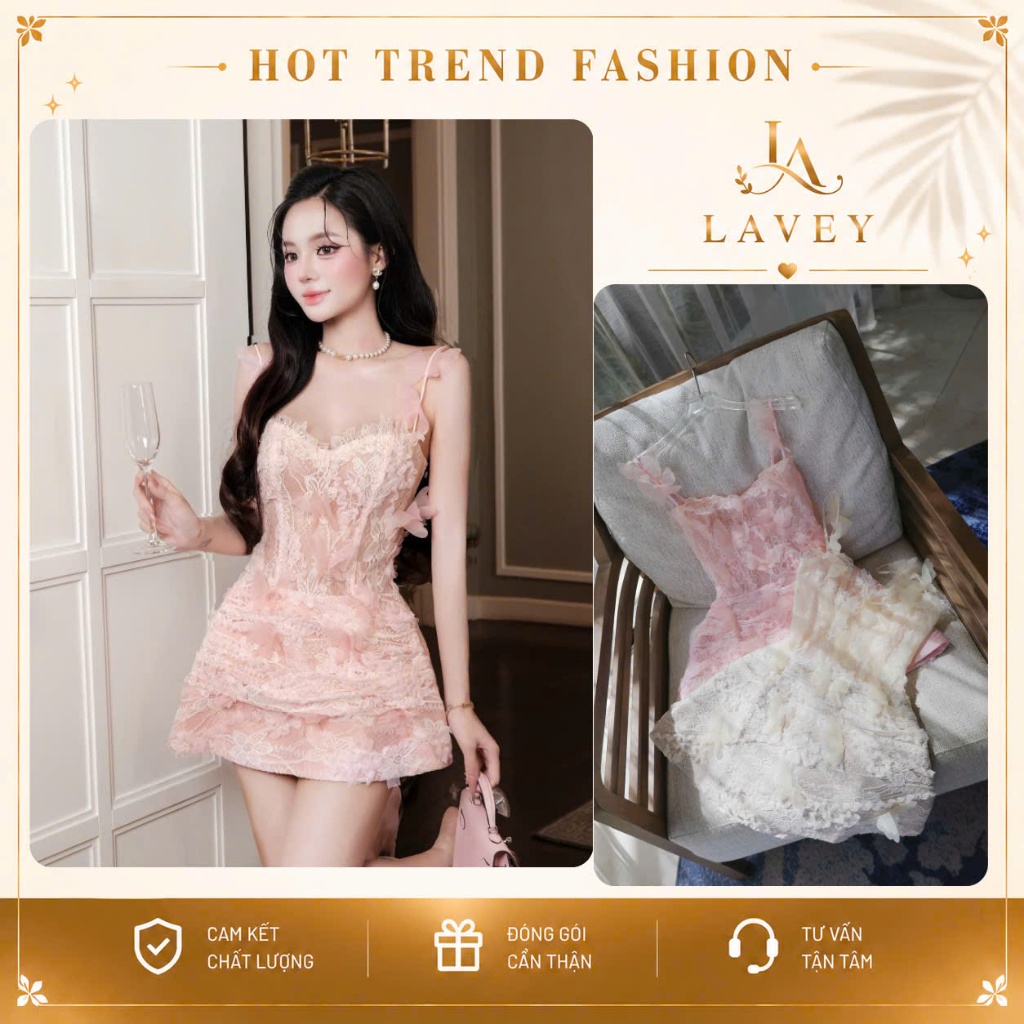 Đầm Ren Hoa 2 Dây Hoạ Tiết Nổi Xoè Tùng