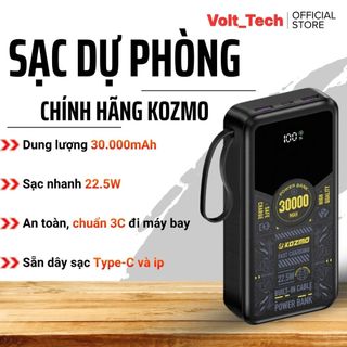 Sạc Dự Phòng Kozmo KM03 - Chuẩn 3C Quốc Tế, 30.000mAh, Dung Lượng Thật, Sạc 3-4 Lần Cho IP 14Promax
