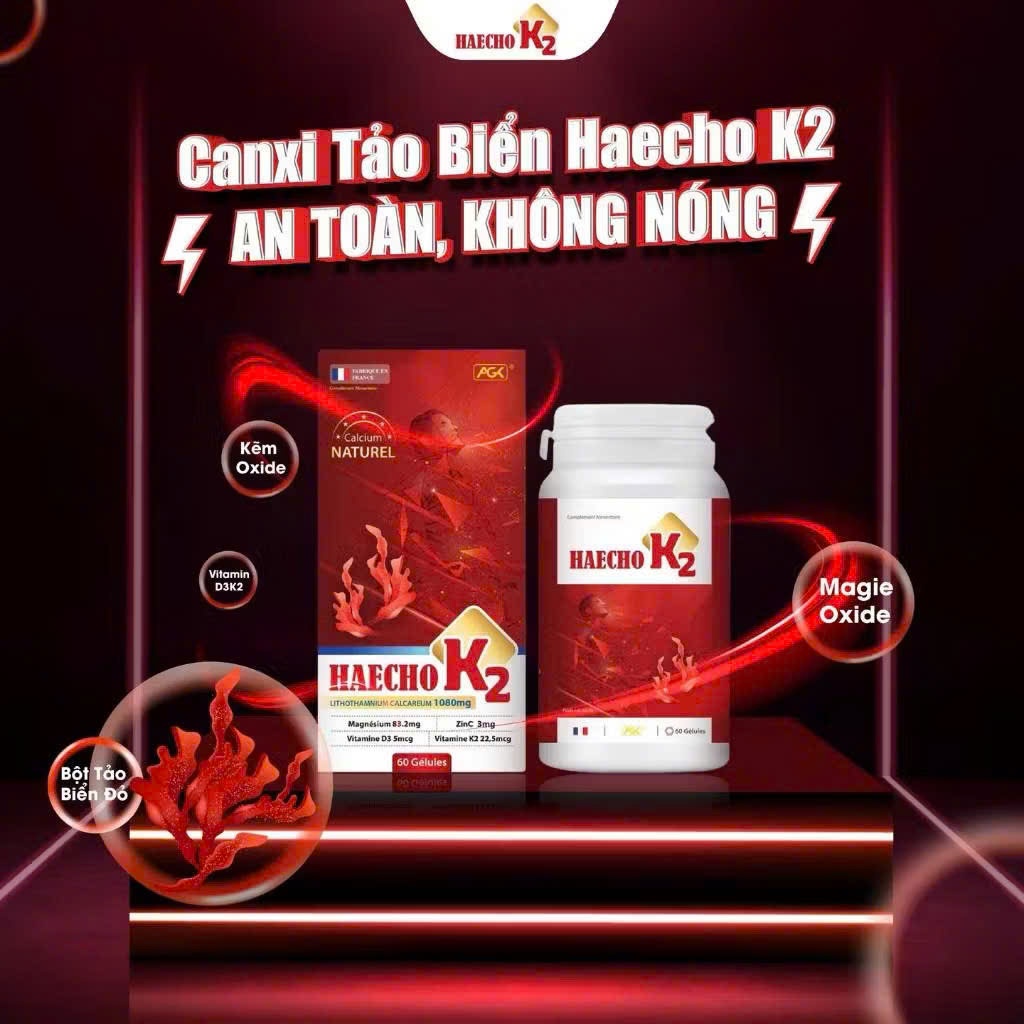 Haecho K2 Canxi Hữu Cơ Tảo Biển Đỏ Pháp 60 Viên | Bổ Sung D3 K2 Magie Hỗ Trợ Xương Răng Chắc Khỏe