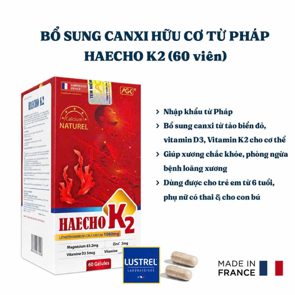 Haecho K2 Canxi Hữu Cơ Tảo Biển Đỏ Pháp 60 Viên | Bổ Sung D3 K2 Magie Hỗ Trợ Xương Răng Chắc Khỏe