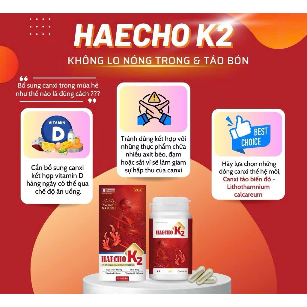 Haecho K2 Canxi Hữu Cơ Tảo Biển Đỏ Pháp 60 Viên | Bổ Sung D3 K2 Magie Hỗ Trợ Xương Răng Chắc Khỏe