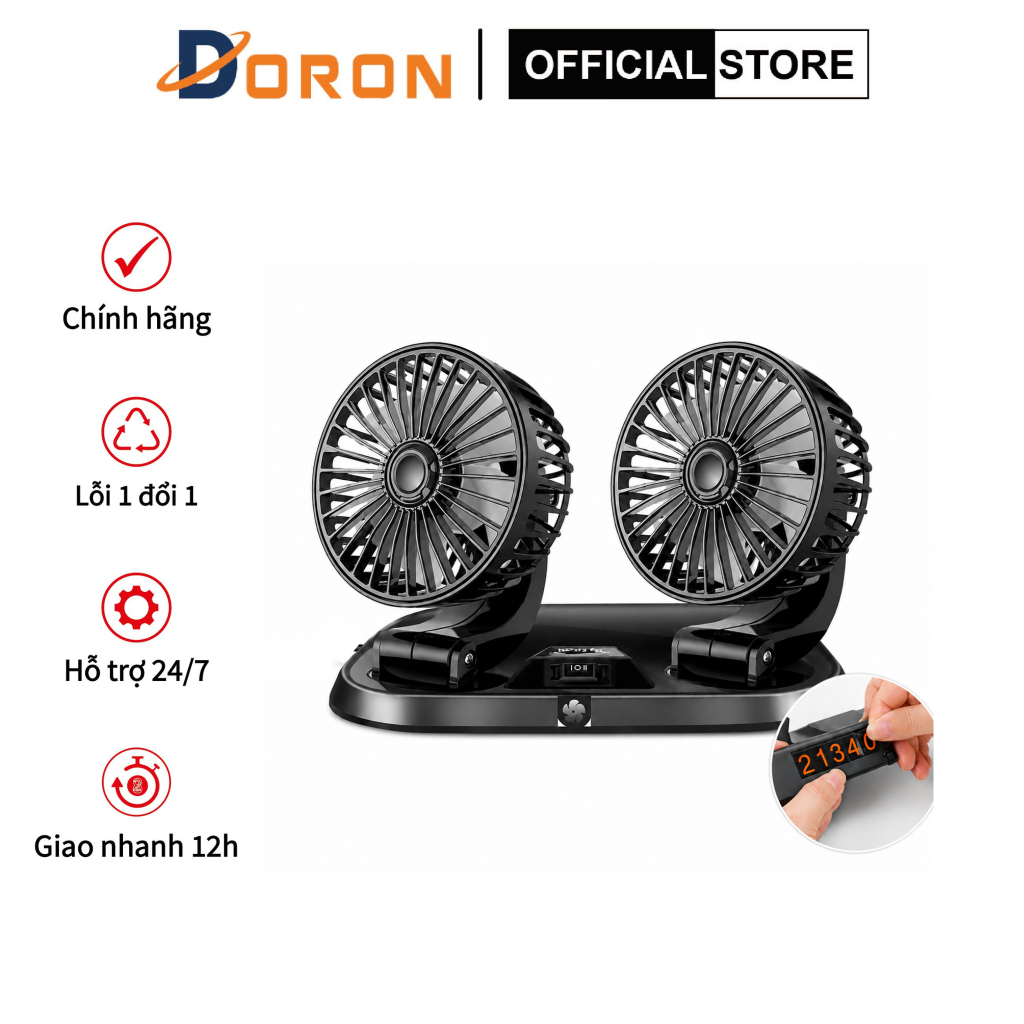 Quạt đôi ô tô, quạt xe ô tô 10W gió mạnh xoay 360 kèm biển để số điện thoại