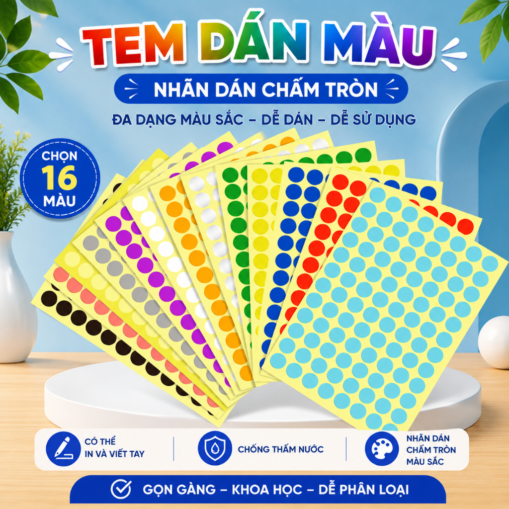 [15 TỜ] Tem Dán Màu Tự Dính Nhiều Kích Thước - Nhãn Đánh Dấu, Phân Loại Hàng Hóa, Văn Phòng Phẩm