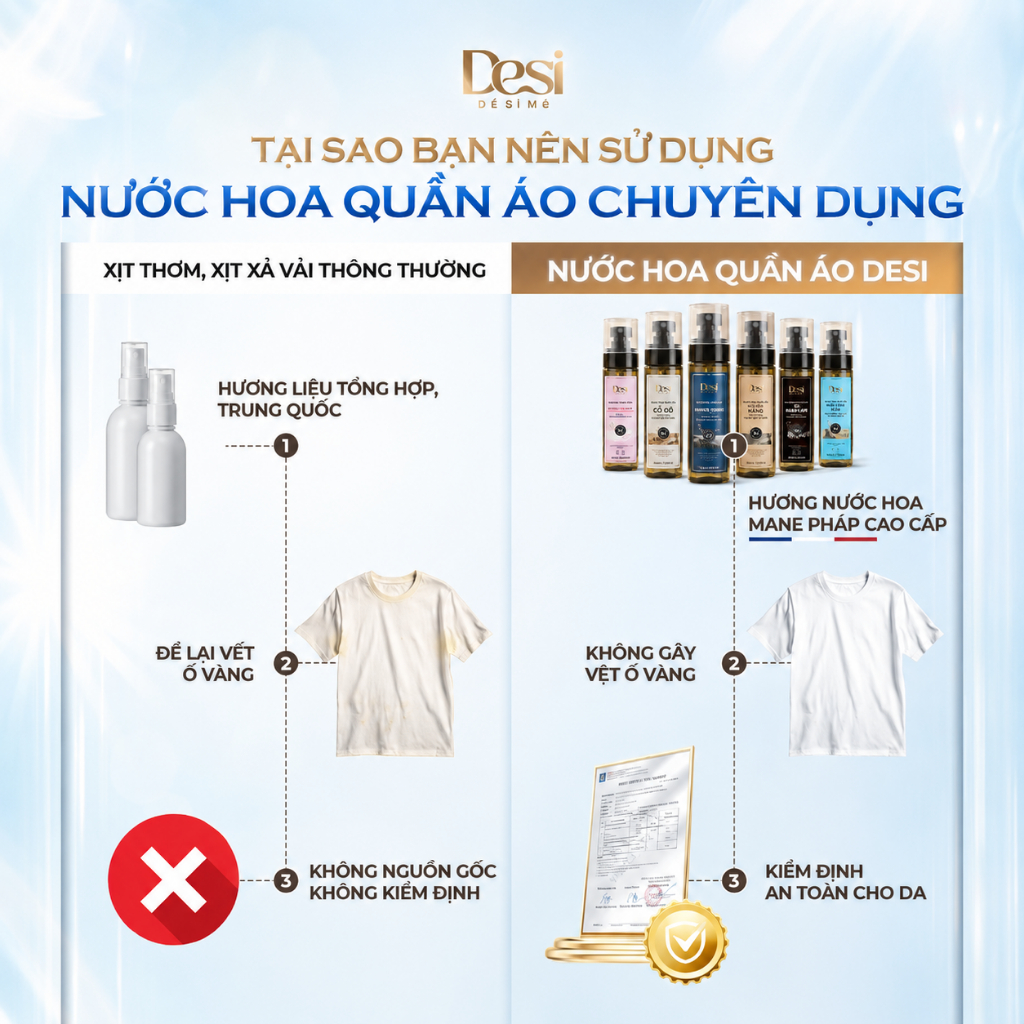 Nước Hoa Quần Áo Desi Từ Pháp 100ml, Xịt Thơm Khử Mùi Quần Áo Lưu Hương Lâu, Không Nồng Hợp Xịt Đi Làm