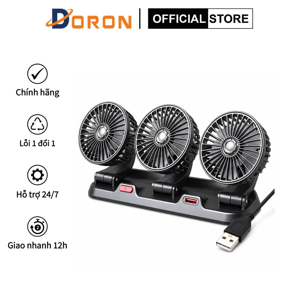 Quạt ô tô 3 hướng 10W ba đầu xoay 360 độ tiện ích trên xe hơi, bàn làm việc