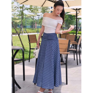 Chân váy midi caro rút nhún dáng dài xòe rủ, chất thô ít nhăn, dày dặn, thoáng mát, hai lớp - Mio Lady CV006