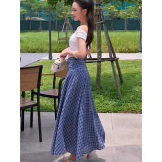 Chân váy midi caro rút nhún dáng dài xòe rủ, chất thô ít nhăn, dày dặn, thoáng mát, hai lớp - Mio Lady CV006