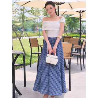 Chân váy midi caro rút nhún dáng dài xòe rủ, chất thô ít nhăn, dày dặn, thoáng mát, hai lớp - Mio Lady CV006