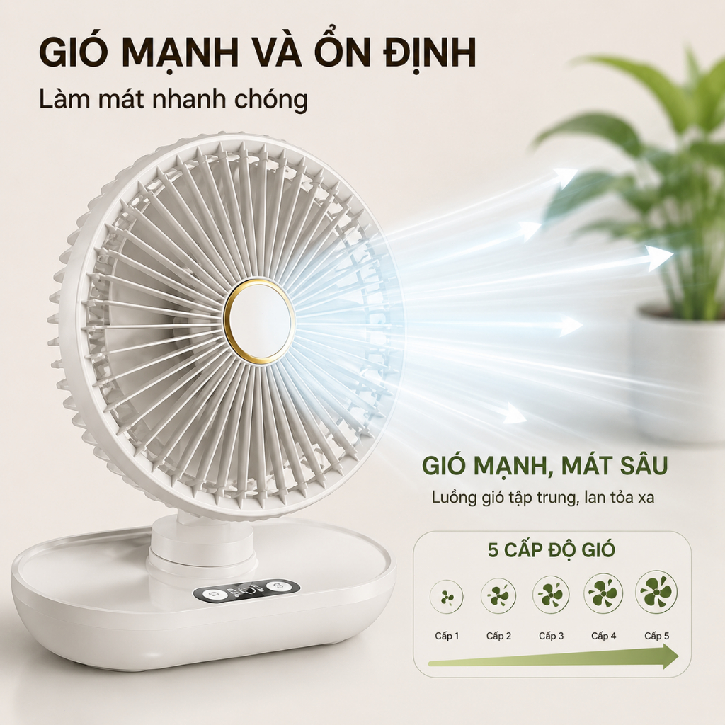 Quạt Để Bàn Tích Điện Xoay 180° Êm Ái 5 Cấp Gió Dùng Cho Văn Phòng Phòng Ngủ