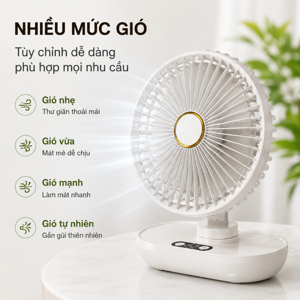 Quạt Để Bàn Tích Điện Xoay 180° Êm Ái 5 Cấp Gió Dùng Cho Văn Phòng Phòng Ngủ