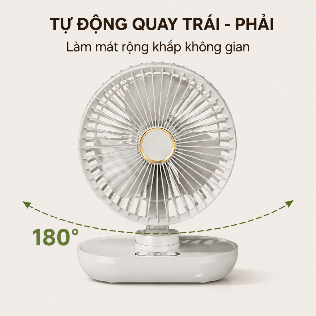Quạt Để Bàn Tích Điện Xoay 180° Êm Ái 5 Cấp Gió Dùng Cho Văn Phòng Phòng Ngủ