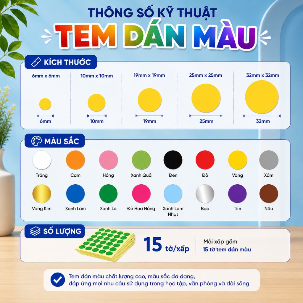 [15 TỜ] Tem Dán Màu Tự Dính Nhiều Kích Thước - Nhãn Đánh Dấu, Phân Loại Hàng Hóa, Văn Phòng Phẩm