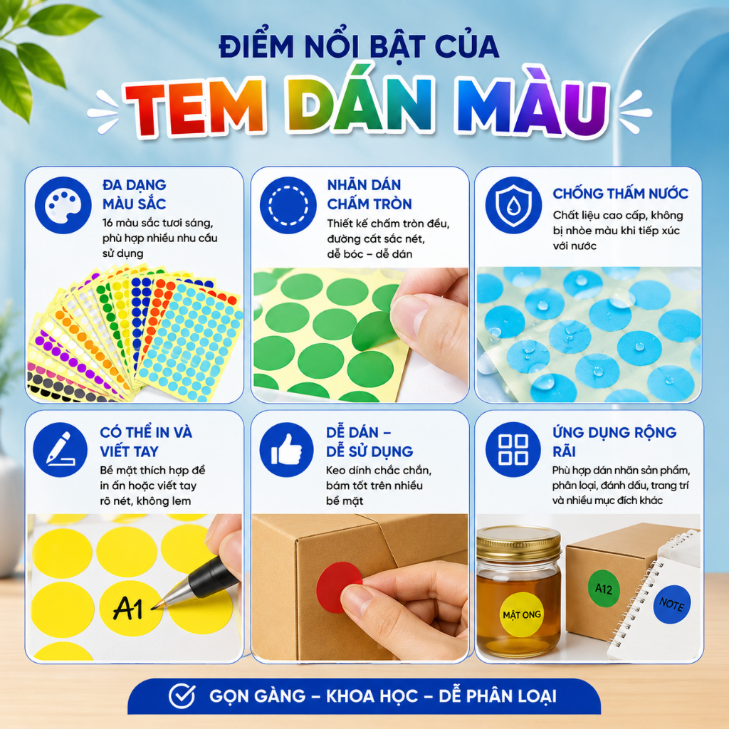 [15 TỜ] Tem Dán Màu Tự Dính Nhiều Kích Thước - Nhãn Đánh Dấu, Phân Loại Hàng Hóa, Văn Phòng Phẩm