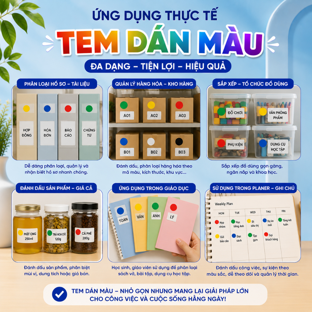 [15 TỜ] Tem Dán Màu Tự Dính Nhiều Kích Thước - Nhãn Đánh Dấu, Phân Loại Hàng Hóa, Văn Phòng Phẩm