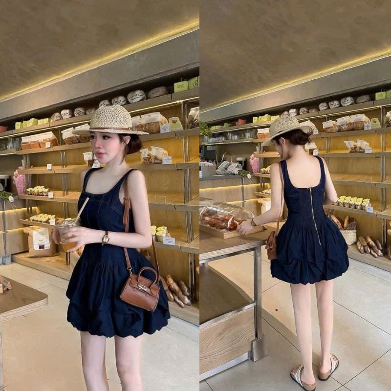 NH CLOTHER -Đầm jean ngắn hai dây thiết kế cổ vuông dáng xòe phồng