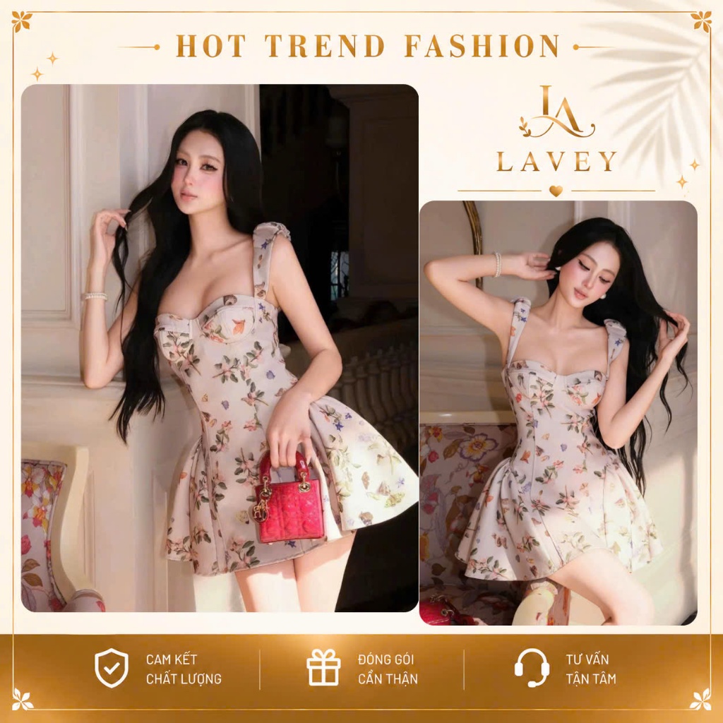 Đầm 2 Dây Hoạ Tiết Phối Tùng Xoè Sang Trọng