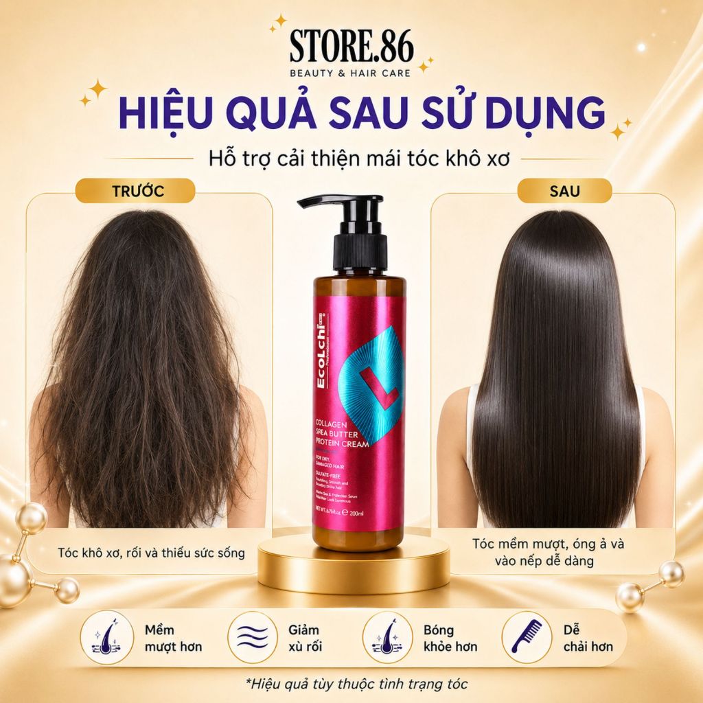 Kem Dưỡng Xả Khô Ecolchi 200ml | Collagen Shea Butter Protein, Tóc Mềm Mượt Bóng Khỏe Chuẩn Salon