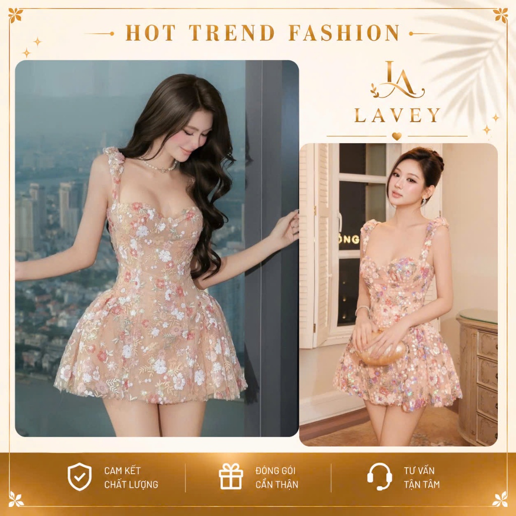 Đầm Dự Tiệc Hoa Nổi 3D Đính Kim Sa Xòe Ngắn Hai Dây Sang Chảnh