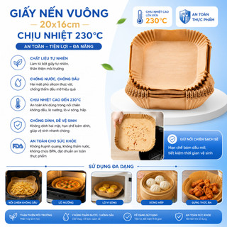 Giấy Nến Vuông 20x16cm, Chịu Nhiệt 230°C Dùng Nồi Chiên Không Dầu Có Chứng Nhận ATTP