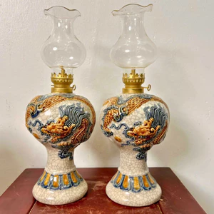 Đèn thờ, đèn dầu thờ cúng men rạn Hoa Văn Rồng Sen Đắp Nổi Thủ Công - Đèn Váy Tròn,Vuông
