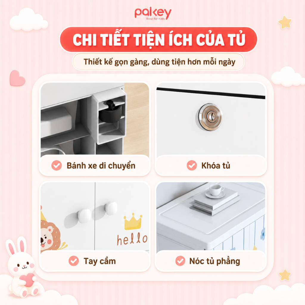 Tủ Quần Áo Cho Bé PAKEY Có Ngăn Treo và Bánh Xe Di Chuyển Tiện Lợi, Tủ Đựng Đồ Nhựa Nguyên Sinh HDPE An Toàn Thân Thiện