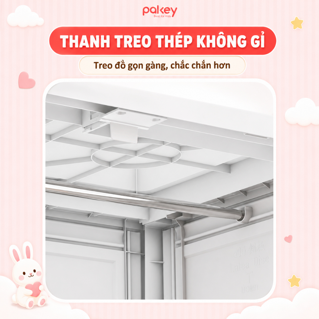 Tủ Quần Áo Cho Bé PAKEY Có Ngăn Treo và Bánh Xe Di Chuyển Tiện Lợi, Tủ Đựng Đồ Nhựa Nguyên Sinh HDPE An Toàn Thân Thiện