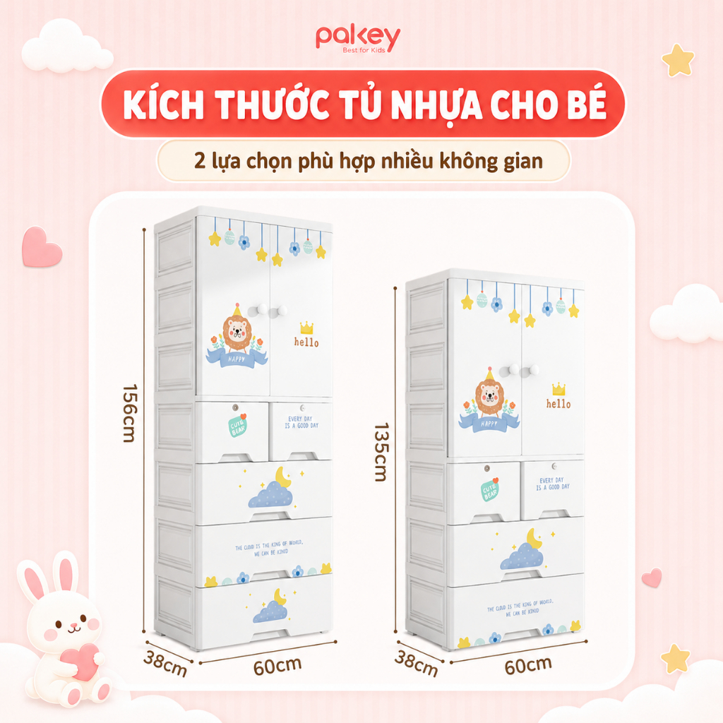 Tủ Quần Áo Cho Bé PAKEY Có Ngăn Treo và Bánh Xe Di Chuyển Tiện Lợi, Tủ Đựng Đồ Nhựa Nguyên Sinh HDPE An Toàn Thân Thiện