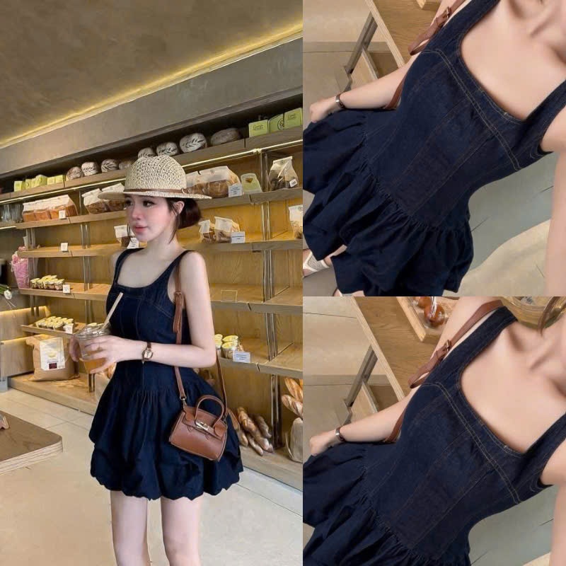 ZIMM STORE-Váy jean ngắn hai dây thiết kế cổ vuông chiết eo dáng xòe phồng bí ngô màu xanh