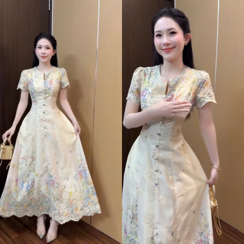ZIMM STORE-Đầm maxi dáng dài xòe rộng chữ A chất gấm thêu hoa phối hàng cúc trước ngực cổ tàu xẻ chữ V