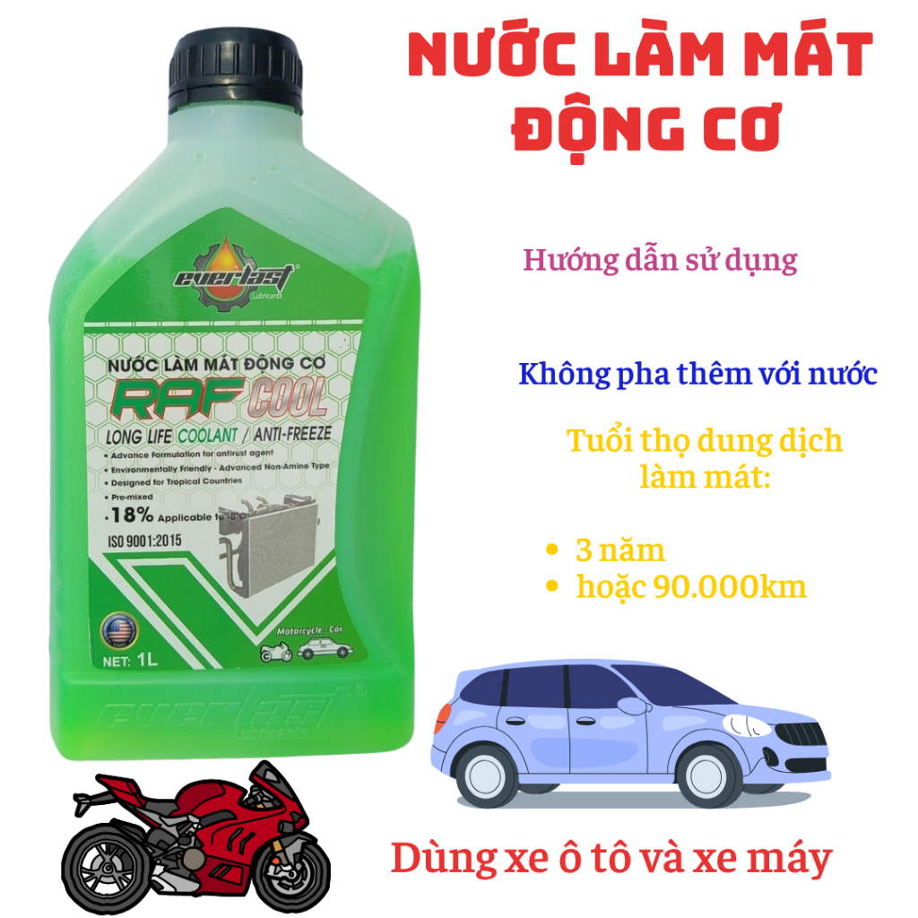 Combo 3 chai Nước làm mát động cơ màu XANH EVERLAST RAF COOL , 1L, 18% Glycol, dùng cho xe ô tô và xe máy