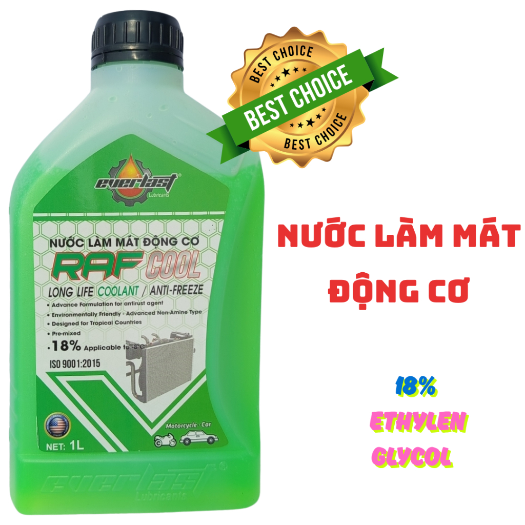 Combo 3 chai Nước làm mát động cơ màu XANH EVERLAST RAF COOL , 1L, 18% Glycol, dùng cho xe ô tô và xe máy