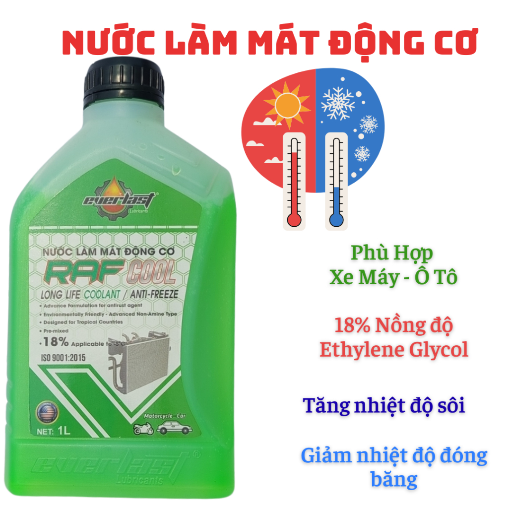 Combo 3 chai Nước làm mát động cơ màu XANH EVERLAST RAF COOL , 1L, 18% Glycol, dùng cho xe ô tô và xe máy