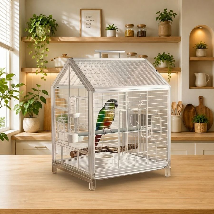 Lồng Chim Mica Trong Suốt Cao Cấp 🐦 Khung Inox Chống Gỉ –  Dễ Vệ Sinh, Kèm Cốc Nước và khay ăn
