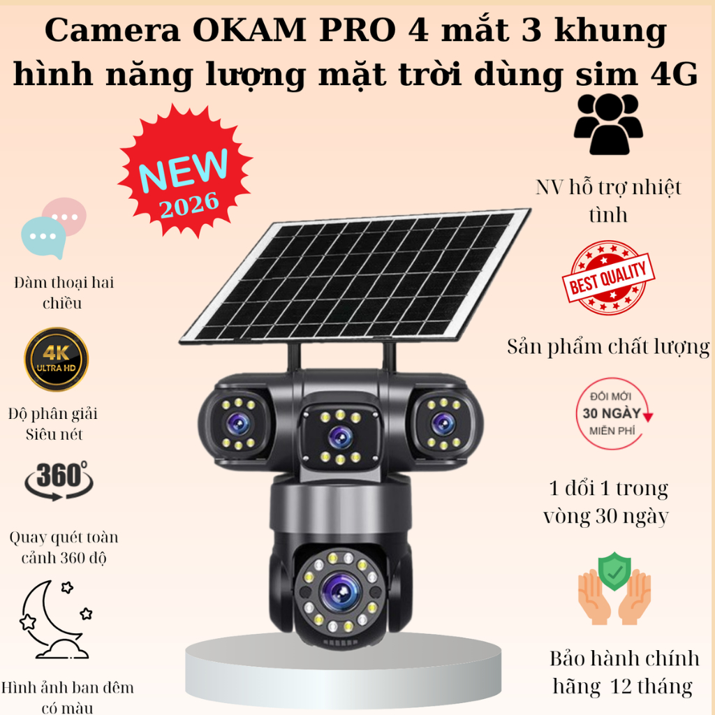 (Lỗi 1 đổi 1) Camera năng lượng mặt trời OKAM dùng sim 4G 4 mắt 3 khung âm thanh hình ảnh rõ nét góc quay rộn