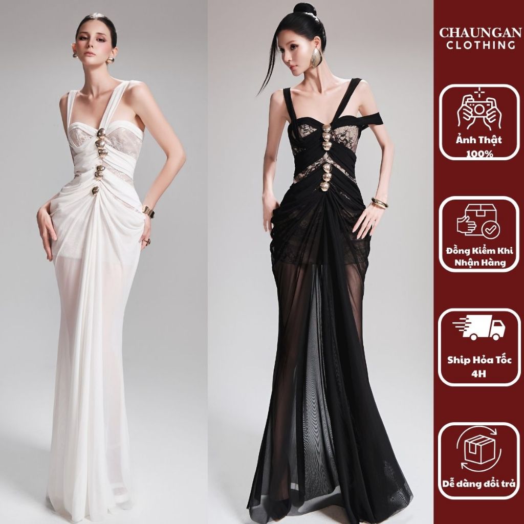Đầm dạ hội cúp ngực phối ren và bèo nhún THẢO BIBI