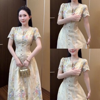 Váy tiểu thư dáng dài xòe chữ A thêu hoa nhí cổ tàu đính cúc trước ngực tay ngắn phong cách vintage