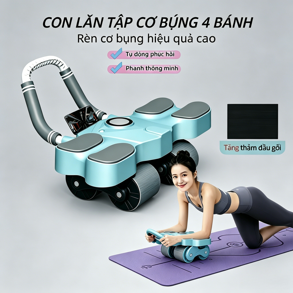 Con lăn 4 bánh tập bụng, Có trợ lực, Tặng kèm thảm gối, tập cơ bụng, Thiết bị tập thể dục tại nhà