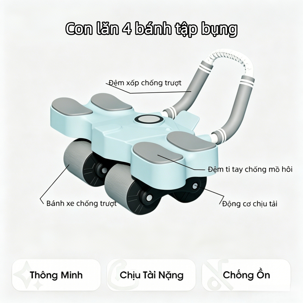 Con lăn 4 bánh tập bụng, Có trợ lực, Tặng kèm thảm gối, tập cơ bụng, Thiết bị tập thể dục tại nhà
