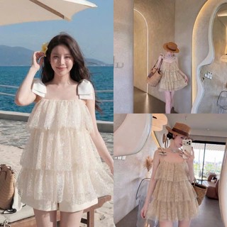 Đầm thiết kế ren lưới kim tuyến hai dây thắt nơ dáng ngắn xòe bồng bềnh