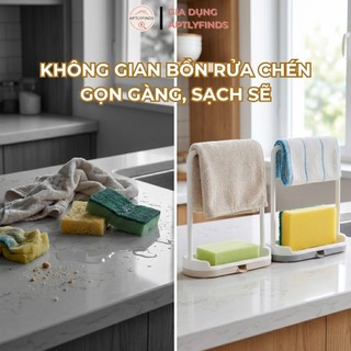Kệ Đựng Đồ Rửa Chén Bát Nhựa PP APTLYFINDS Có Khay Hứng Nước & Thanh Treo Khăn Đa Năng
