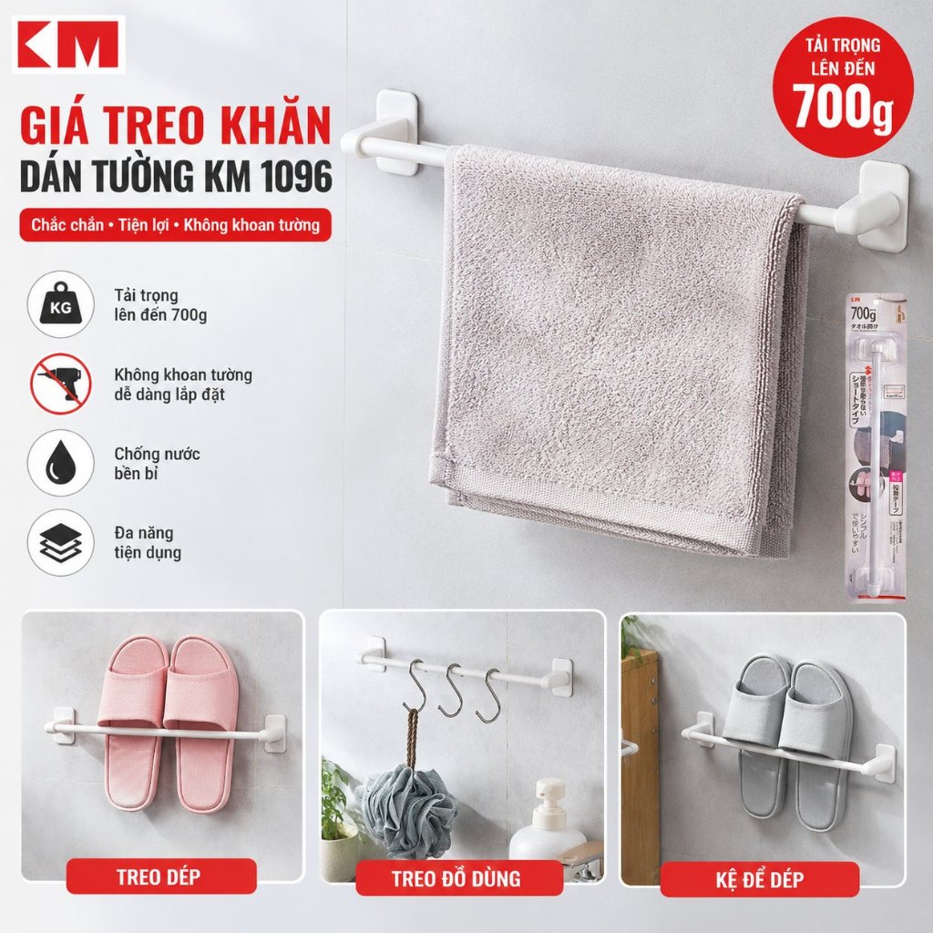 Giá Treo Khăn Dán Tường KM 1096 – Thiết Kế Tối Giản, Treo Khăn Tắm – Khăn Bếp – Nắp Nồi