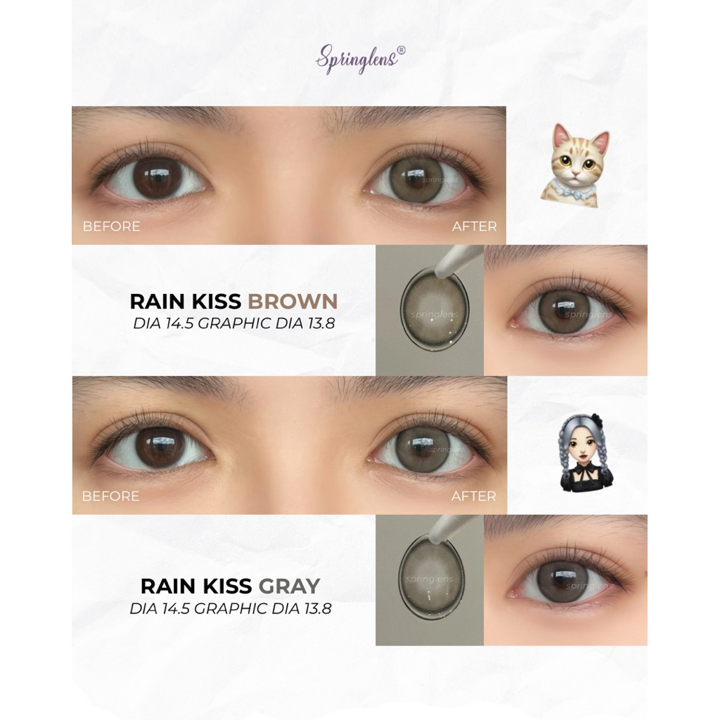 Kính áp tròng Rain Kiss Gray Brown viền giãn to douyin 1 tháng | Spring Lens