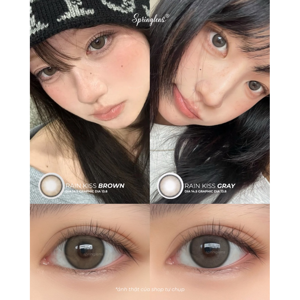Kính áp tròng Rain Kiss Gray Brown viền giãn to douyin 1 tháng | Spring Lens